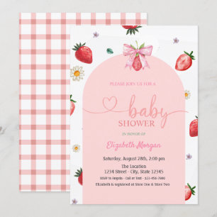 Waterverf Strawberry Bow Red Plaid Baby shower Kaart