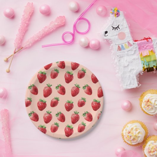 Waterverf Strawberry Pattern Pastelroze Papieren Bordje (Feest)