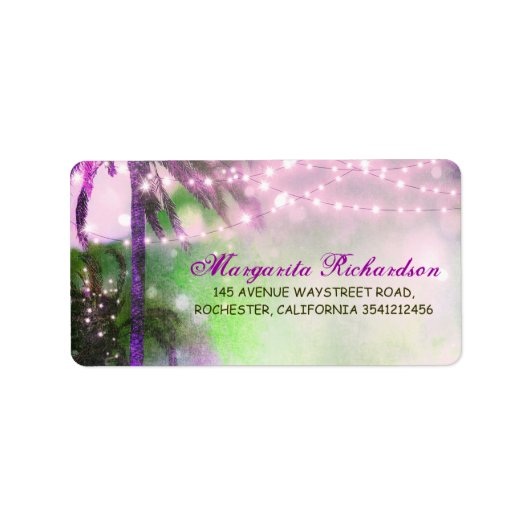Waterverf String Lights Palms Beach Bruiloft Etiket (Voorkant)