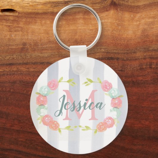 Waterverf Stripes en Floral Monogram Sleutelhanger (Voorkant)