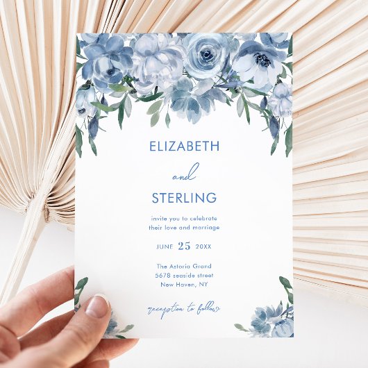 Waterverf Stusty Blue Floral Wedding Kaart