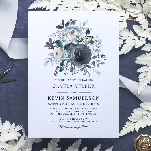Waterverf Stusty Blue Navy Floral Wedding Kaart