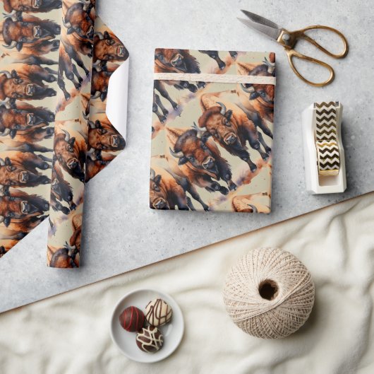 Waterverf Style Bison Buffalo Animal Pattern Art Cadeaupapier (Crafts)