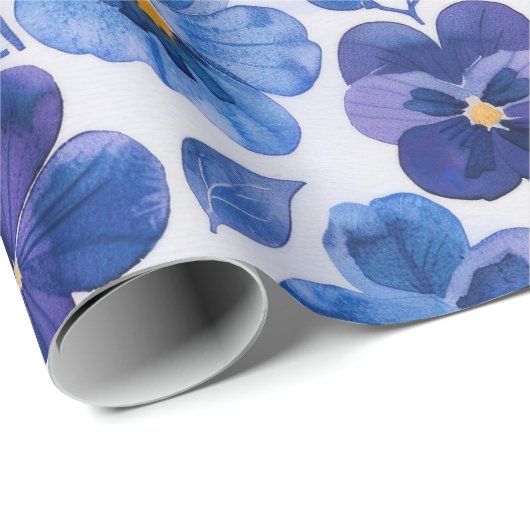 Waterverf Style Pansies Paarse Blauwe Bloemprint Cadeaupapier (Rol Hoek)