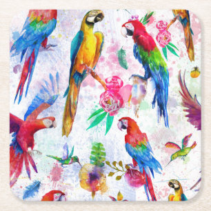 Waterverf Style Parrots 2 Vierkante Kartonnen Onderzetter