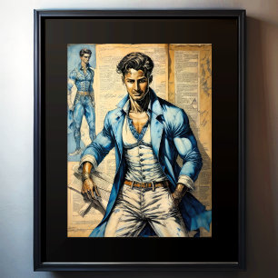 Waterverf Suave Man Krantenpapier Collage Poster