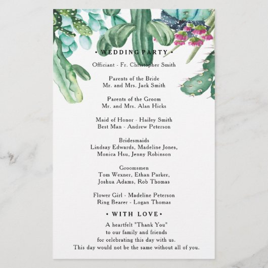 Waterverf Succulent Cactus Floral Wedding Programm (Achterkant)