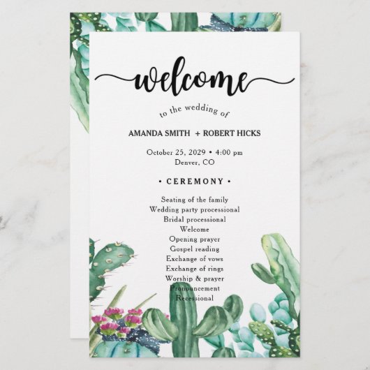 Waterverf Succulent Cactus Floral Wedding Programm (Voorkant / Achterkant)