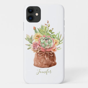 Waterverf Succulent Floral Botanical Personalized iPhone 11 Hoesje