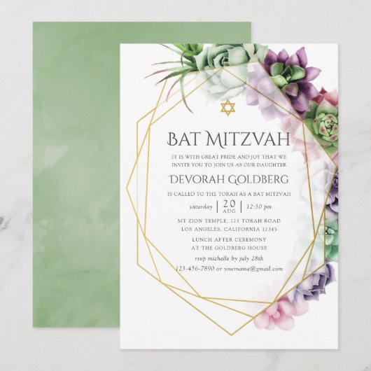 Waterverf Succulent Geometrische bat Mitzvah Kaart (Voorkant / Achterkant)