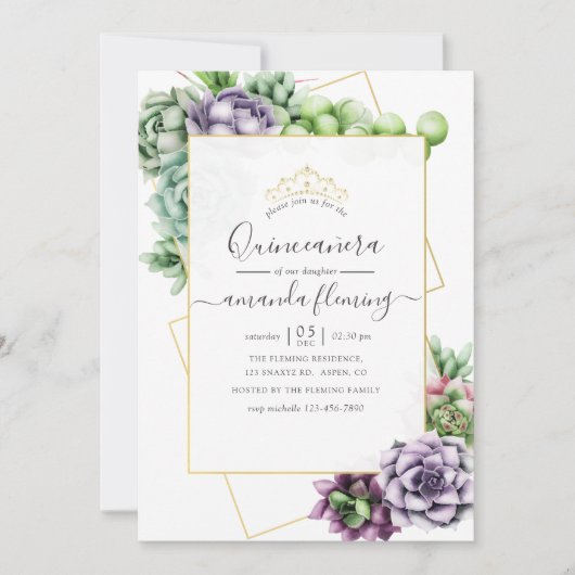 Waterverf Succulent Geometrische Quinceañera Kaart (Voorkant)