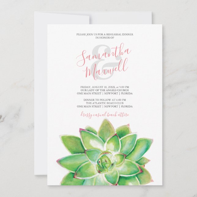 Waterverf Succulent Leaves Rehearsal Dinner (Voorkant)