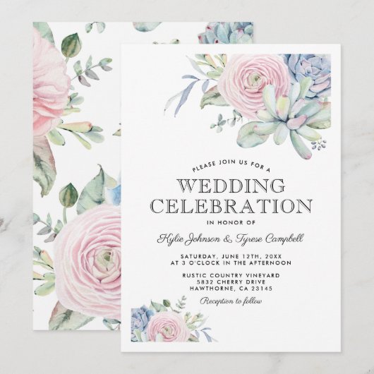 Waterverf Succulent Pastel Floral Wedding Kaart (Voorkant / Achterkant)