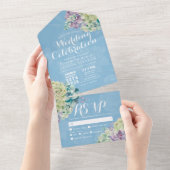 Waterverf Succulent Plant Light Blue Wedding RSVP All In One Uitnodiging (Afscheurbaar)