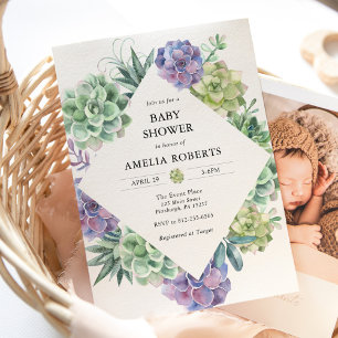 Waterverf Succulenten Baby shower uitnodiging