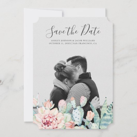 Waterverf succulenten bloemen. Fotobloem van cactu Save The Date (Voorkant)