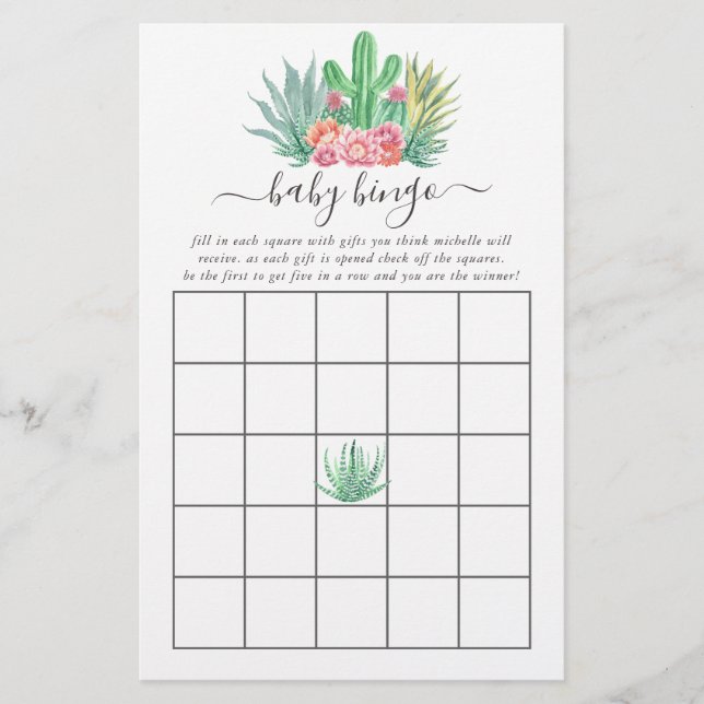 Waterverf Succulents Baby shower Bingo (Voorkant)