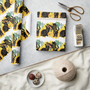 Waterverf Sunflower Bouquet Cat Floral Silhouette Cadeaupapier