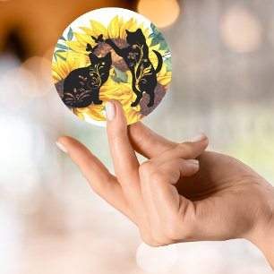 Waterverf Sunflower Bouquet Cat Floral Silhouette Ronde Sticker