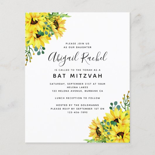 Waterverf Sunflower Budget Bat Mitzvah Uitnodiging (Voorkant)