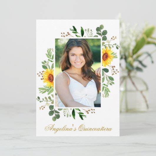 Waterverf Sunflower Greenery Foto Quinceanera Kaart (Staand voorkant)
