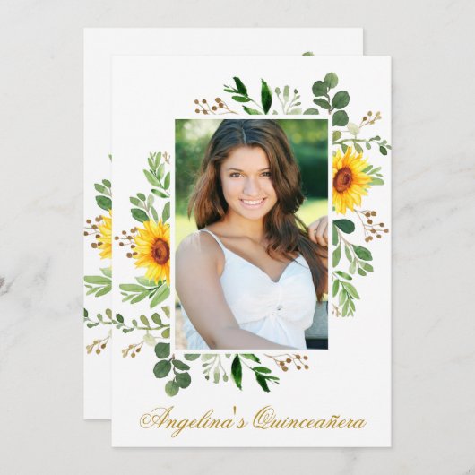 Waterverf Sunflower Greenery Foto Quinceanera Kaart (Voorkant / Achterkant)