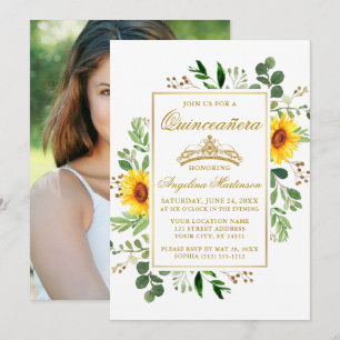 Waterverf Sunflower Greenery Quinceanera Foto Kaart