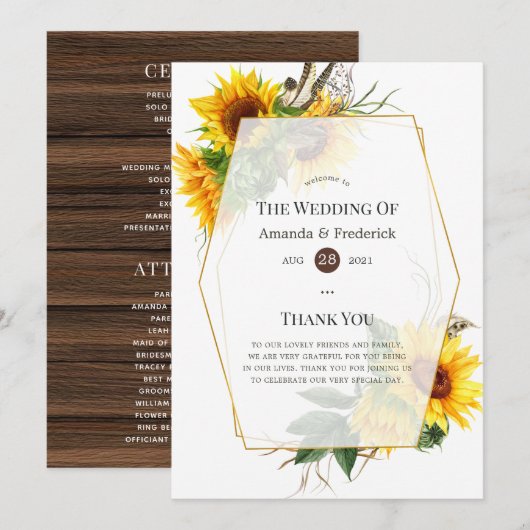 Waterverf Sunflower Rustic Wedding Programma (Voorkant / Achterkant)