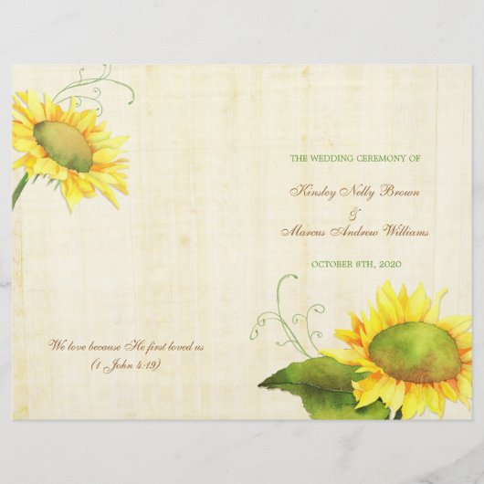 Waterverf Sunflower Wedding Bi Fold Programs (Voorkant)