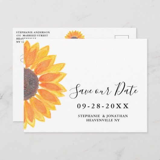 Waterverf Sunflower Wedding Save the Date Aankondigingskaart (Voorkant / Achterkant)