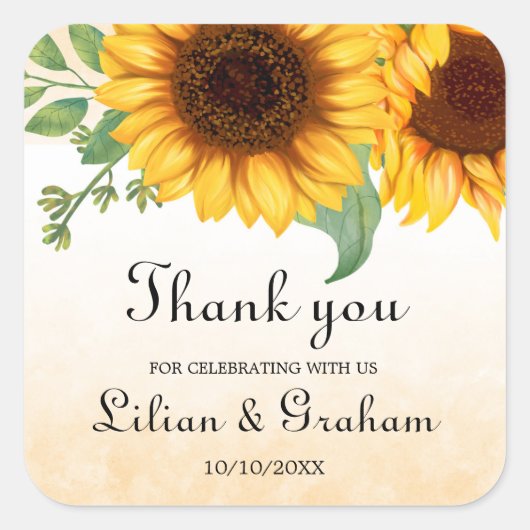 Waterverf Sunflower Wedding Vierkante Sticker (Voorkant)