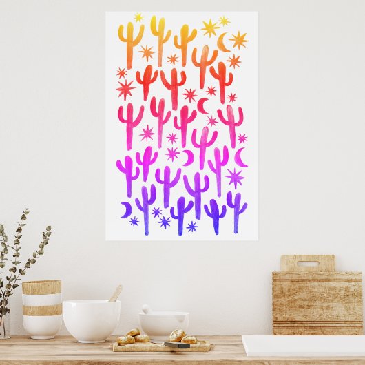 Waterverf Sunset Desert Fun Cactus Pink Pattern Poster (Keuken)