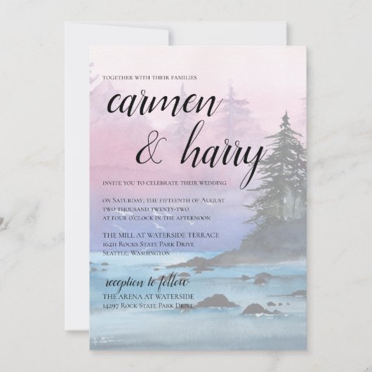 Waterverf Sunset Lake Wedding Invitation Kaart (Voorkant)