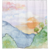 Waterverf Sunset over bergen en bomen Douchegordijn (Voorkant)