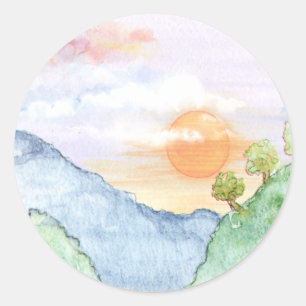 Waterverf Sunset over bergen en bomen Ronde Sticker