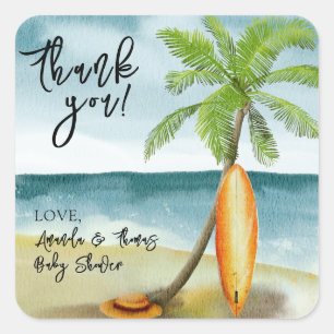 Waterverf surfplank op het strand - dank je vierkante sticker