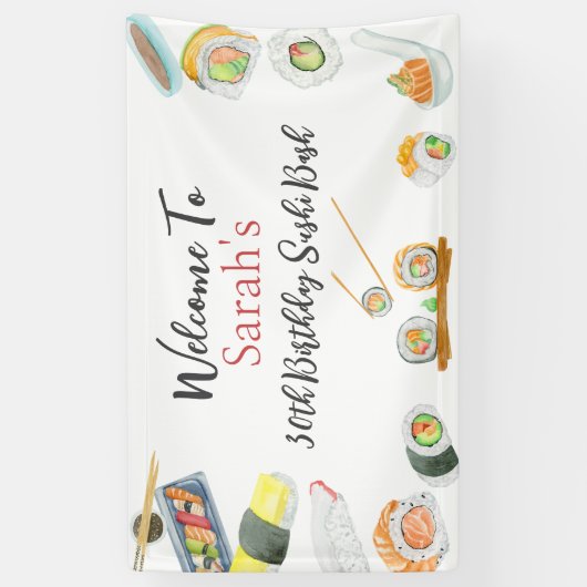 Waterverf Sushi en Sashimi welkom Verjaardag Spandoek (Verticaal)