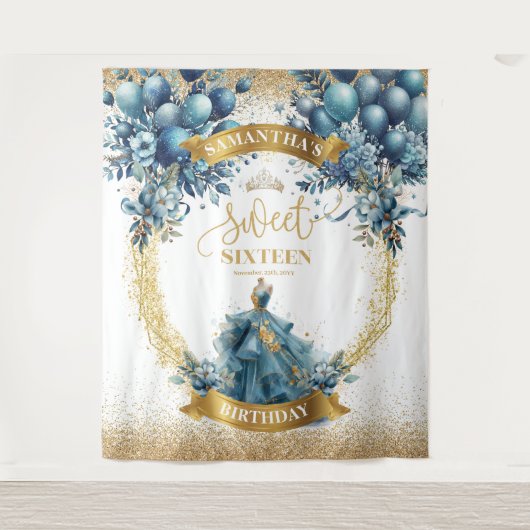 Waterverf Sweet Sixteen Blue Gold Glitter Banner Wandkleed (Voorkant)