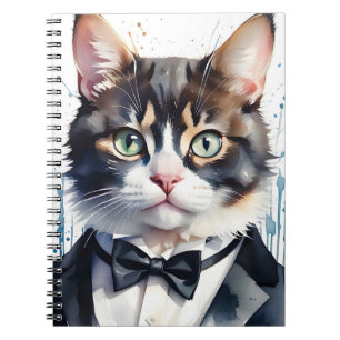Waterverf Tabby Cat in een Tuxedo en Black Bow Str Notitieboek