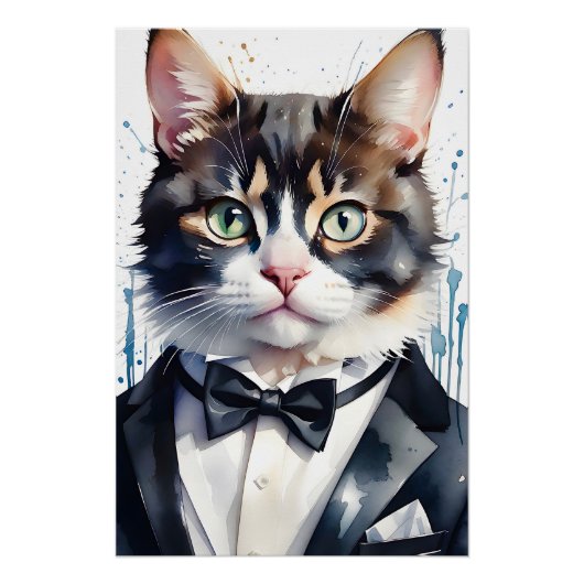 Waterverf Tabby Cat in een Tuxedo en Black Bow Str Perfect Poster (Voorkant)