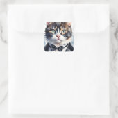 Waterverf Tabby Cat in een Tuxedo en Black Bow Str Vierkante Sticker (Tas)