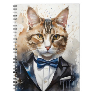 Waterverf Tabby Cat in een Tuxedo en Blue Bow Stro Notitieboek