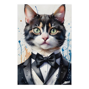 Waterverf Tabby Cat in Tuxedo Vest Zwart Bow Strop Perfect Poster