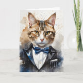 Waterverf Tabby Cat Tuxedo en Blue Bow Stropdas Bl Kaart (Voorkant)