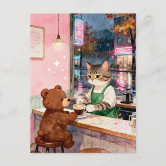 Waterverf Tabby Kat Barista die Beer Bedient Briefkaart