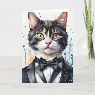 Waterverf Tabby Kat in Smoking met Zwarte Vlinderd Kaart