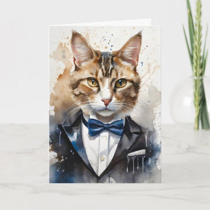 Waterverf Tabby Kat Smoking en Blauwe Strik Blank Kaart