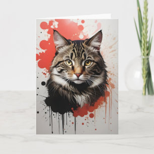 Waterverf Tabby Kat Spat Kunst Rood en Zwart Kaart