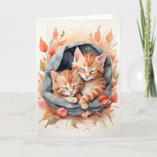 Waterverf Tabby Kittens Slapende Bloemen Blank Kaart