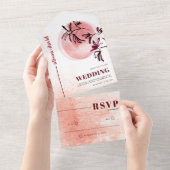 Waterverf tak en maan Japandi bruiloft All In One Uitnodiging (Afscheurbaar)